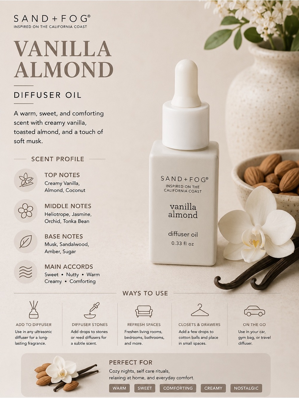 Sand + Fog® Vanilla Almond Diffuser Oil 0.33 fl oz